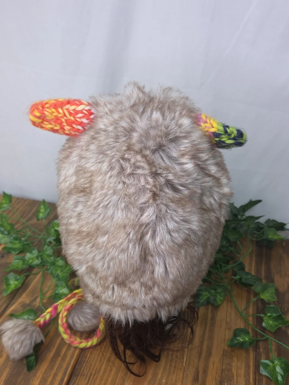 Steve Madden. Beige Faux Fur Earflap Hat with Multicolor Knit Ears. OSFA. EUC
